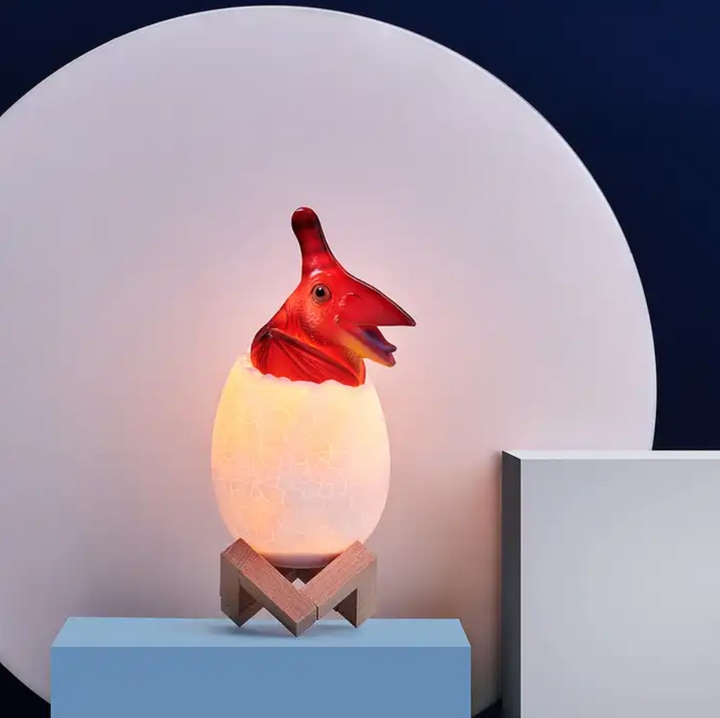 Lampa de veghe, Zola®, model Arheopterix in ou, LED RGB, plastic si lemn, 20.5x9.5 cm, rosu