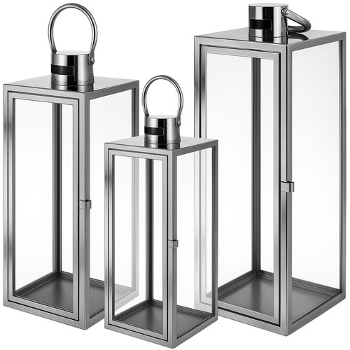 Set 3 felinare decorative din sticla, Zola,  dimensiuni diferite 63 / 49 / 38 cm, otel inoxidabil, argintii
