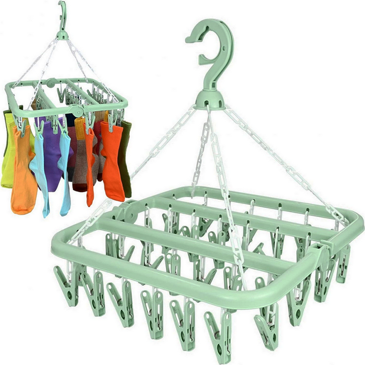 Uscator pentru lenjerie si sosete, Zola, 32 clesti, pliabil, agatatare, plastic, 32 x 32 x 38 cm, verde menta