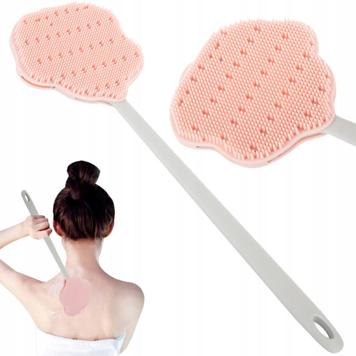 Perie de dus pentru corp, Zola, cu maner lung si perii din silicon, 41x13 cm, roz