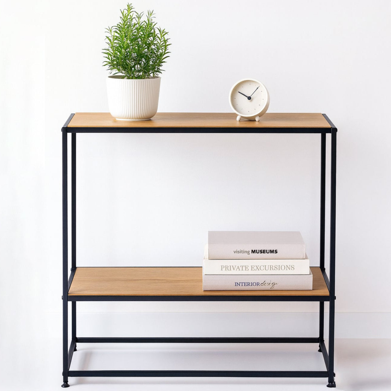 Masuta consola moderna, Zola, 2 rafturi, cadru metalic, PAL, 80 x 36 x 80 cm, stejar natur