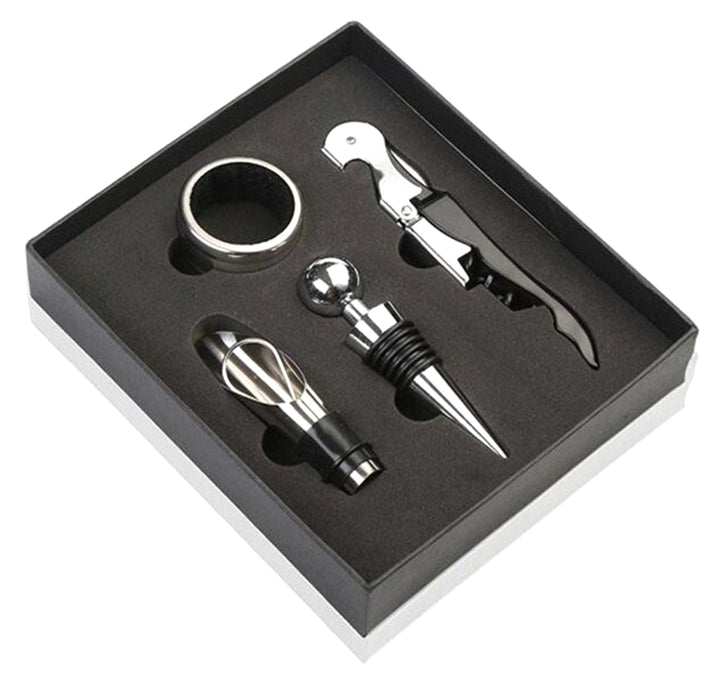 Set 4 accesorii pentru vin, Zola®, din metal, cutie depozitare neagra, 16x14x3 cm