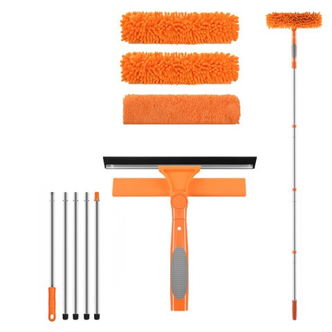 Stergator de geamuri 3 in 1 telescopic, Zola, 1.8 m, 180°, cu racleta si 3 lavete microfibra, 25 cm, portocaliu