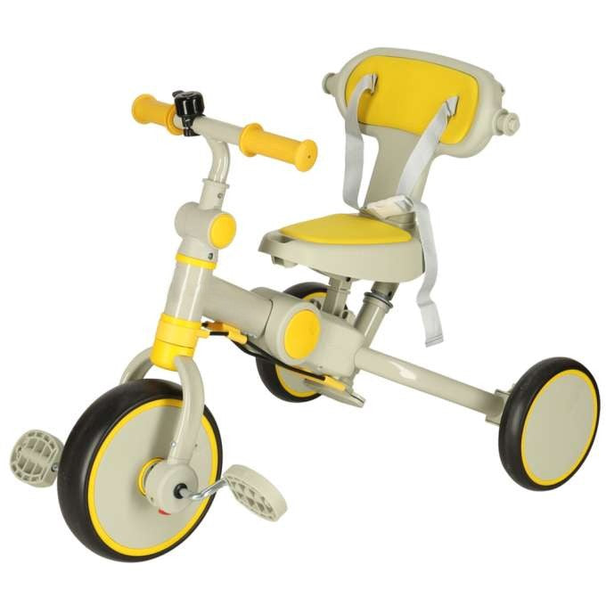 Tricicleta 6 in 1 copii, Zola, cu pedale, baldachin UV pliabil si detasabil, greutate suportata 25 kg, cadru otel, bej/galben