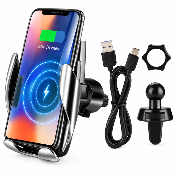 Suport auto telefon incarcare wireless Qi, Zola, 10 W, prindere automata, senzor IR, rotire 360°, montare gura ventilatie, 12.3 × 7.3 × 2.1 cm, negru