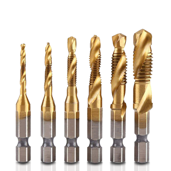Set 6 burghie, Zola, dimensiuni M3-M10, tija hexagonala 1/4", pentru gaurire si filetare, otel, tip HSS, aurii