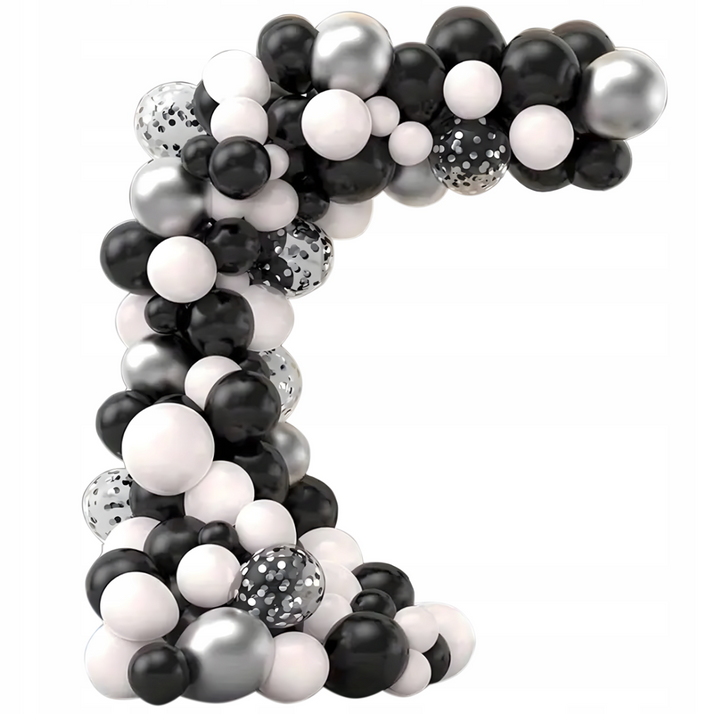 Set 107 baloane cu confetti pentru arcada, Zola, diferite marimi, 100 buline dublu adezive, 5 m panglica, alb/negru