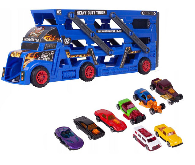 Set de joaca, Zola®, mega transportator de 6 masini, echipament cu 3 platforme,  31 x 11 x 7 cm, albastru