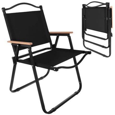 Scaun pliabil gradina, Zola, cadru fonta, tesatura Oxford, cotiere lemn, suport 120 kg, 75.5 x 58.5 x 53.5 cm, negru