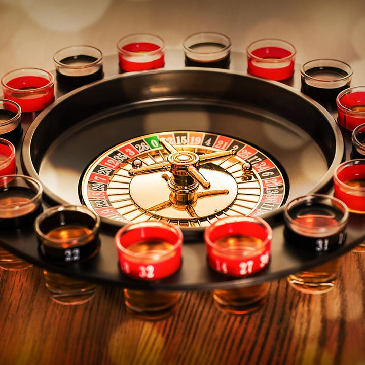 Joc ruleta cu shot-uri,  Zola®, diametru 30 cm, 16 pahare din sticla, capacitate 25 ml