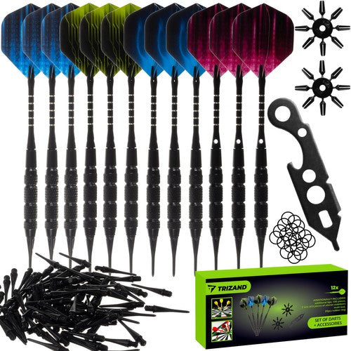 Set 12 sageti de dart, Zola®, 100 varfuri moi, 2 aparatoare de zbor, 20 de inele si 1 instrument multiplu, plastic, metal, cauciuc
