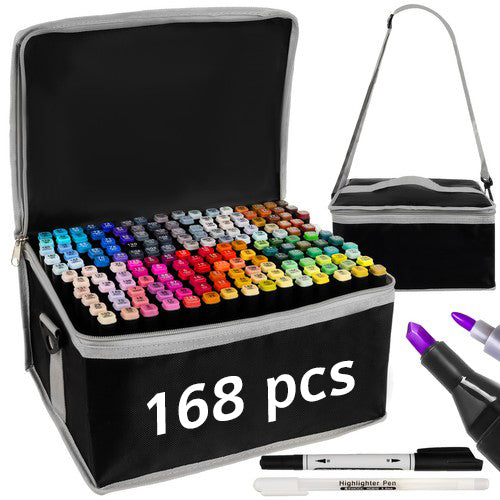 Set 168 piese , Zola®, markere 2 capete subtire si gros, pix alb si negru pentru evidentiere,  geanta de depozitare cu bretea umar, multicolore