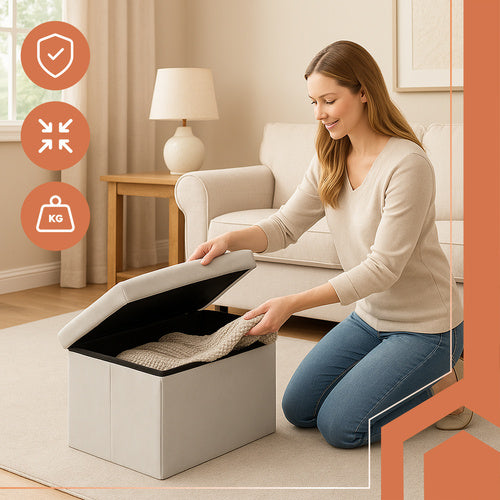Taburet pliabil cu spatiu de depozitare, Zola, capacitate 54 l, 60 x 30 x 30 cm, greutate maxima suportata 80 kg, impermeabil, MDF, catifea, gri deschis