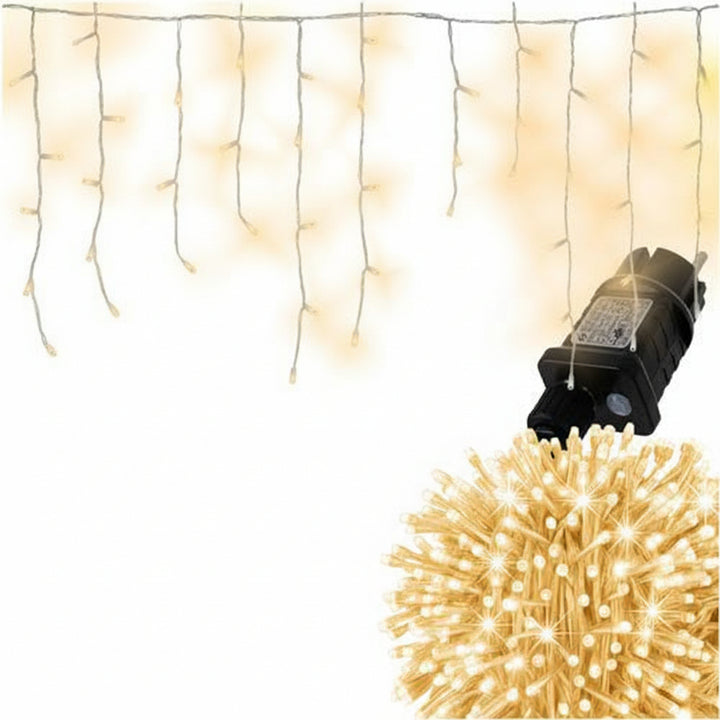 Instalatie LED de Craciun, Zola, perdea curgatoare, 500 LED-uri, 22.5 m, 31V, 6 W, IP44, alb cald, 8 moduri iluminare, pentru exterior/interior, cablu alb