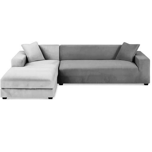 Husa din catifea pentru canapea si fata de perna, Zola, universala, lungime 190-230 cm, dimensiuni perna 45 x 45 cm, benzi elastice, impermeabila, gri inchis
