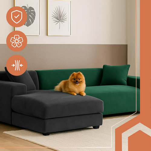 Husa din catifea pentru canapea si fata de perna, Zola, lungime 190-230 cm, dimensiuni perna 45 x 45 cm, benzi elastice, impermeabila, verde inchis