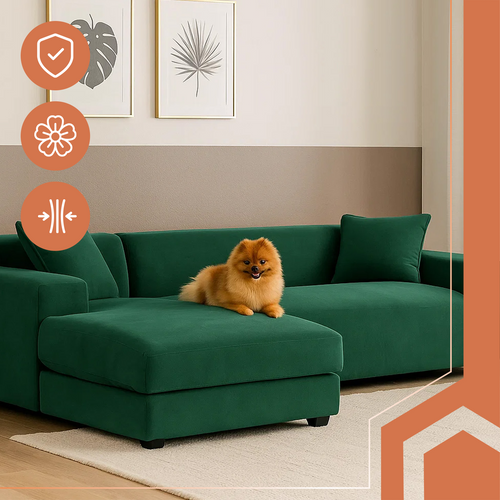 Husa din catifea pentru canapea si fata de perna, Zola, lungime 190-230 cm, dimensiuni perna 45 x 45 cm, benzi elastice, impermeabila, verde inchis