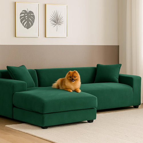 Husa din catifea pentru canapea si fata de perna, Zola, lungime 190-230 cm, dimensiuni perna 45 x 45 cm, benzi elastice, impermeabila, verde inchis