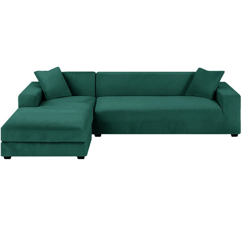 Husa din catifea pentru canapea si fata de perna, Zola, lungime 190-230 cm, dimensiuni perna 45 x 45 cm, benzi elastice, impermeabila, verde inchis