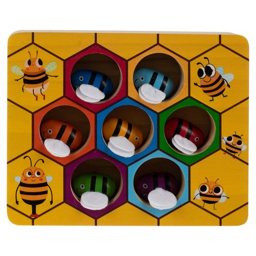 Joc educativ din lemn, pentru copii, Zola®, model fagure, cu 7 albine colorate si penseta din plastic rosie, 20x14.7x4.5 cm