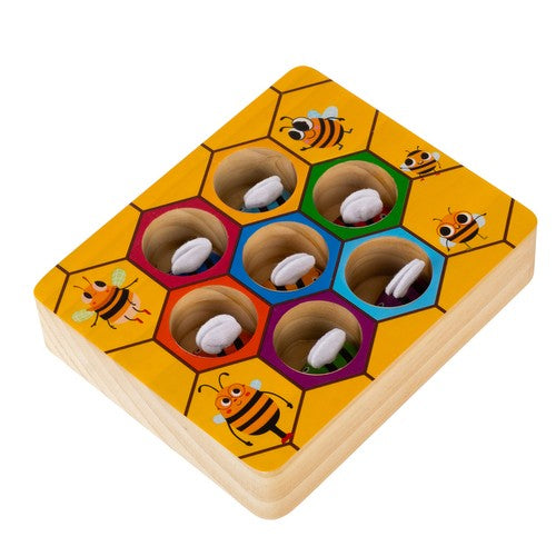 Joc educativ din lemn, pentru copii, Zola®, model fagure, cu 7 albine colorate si penseta din plastic rosie, 20x14.7x4.5 cm