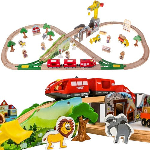 Set circuit din lemn cu tren electric, Zola,  57 elemente: poduri, oameni, masinute, copaci, macara si animale, dimensiuni asamblat 115 x 45 x 21 cm, lungime pista desfacuta 3.2 m