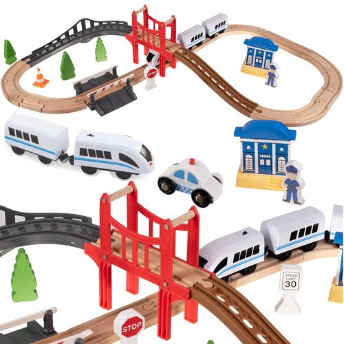 Set circuit din lemn, Zola®,  tren electric si vagoane, 37 de elemente, 85 x 42 x 14.5 cm
