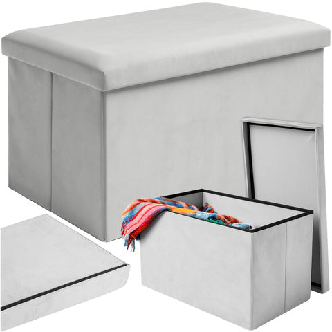 Taburet pliabil cu spatiu de depozitare, Zola, capacitate 54 l, 60 x 30 x 30 cm, greutate maxima suportata 80 kg, impermeabil, MDF, catifea, gri deschis