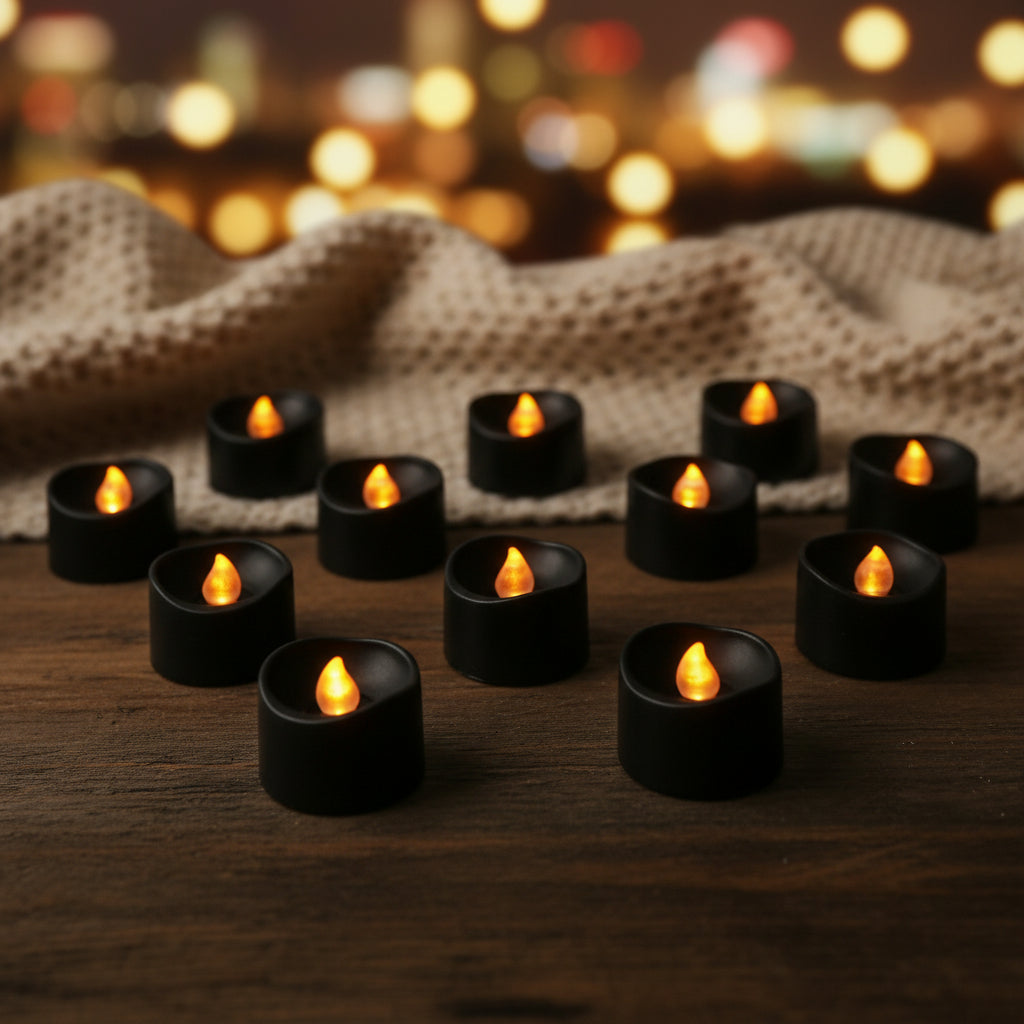 Set 12 lumanari decorative LED , Zola, efect flacara, lumina alb cald, alimentare baterii, 3.6 X 3 cm, negre