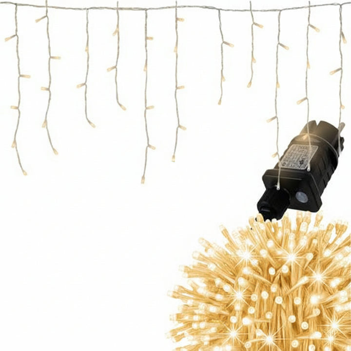 Instalatie LED de Craciun, Zola, perdea curgatoare, 300 LED-uri, 15 m, 31 V, 3.6 W, IP44, alb cald, 8 moduri iluminare, pentru exterior/interior, cablu alb