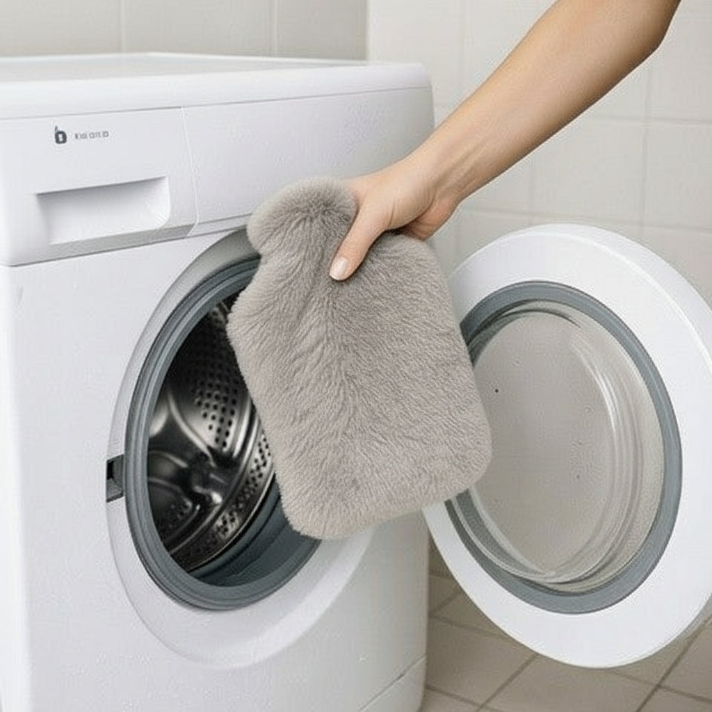 Perna pentru apa calda, Zola, capacitate 1.8 l, husa pufoasa model iepuras, 33 x 21 cm, gri deschis