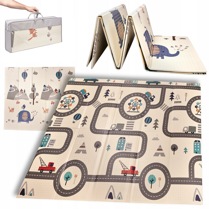 Covoras termoizolant de joaca cu 2 fete, Zola, spuma XPE, 179 x 198 x 1 cm, pliabil, impermeabil, husa depozitare, model animale/orasel