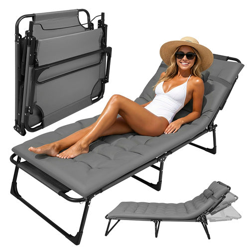 Sezlong pliabil de gradina, Zola, 4 pozitii reglare, cu perna si tetiera, greutate suportata 120 kg, cadru metalic, material Oxford, 190 x 68 x 30 cm, gri/negru
