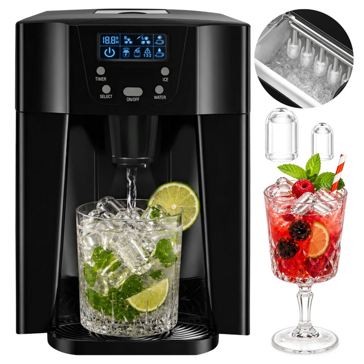 Aparat cuburi gheata cu dozator apa, Zola, 12 kg/24h, rezervor 3L, afisaj LCD, 2 dimensiuni cuburi, 150W, negru