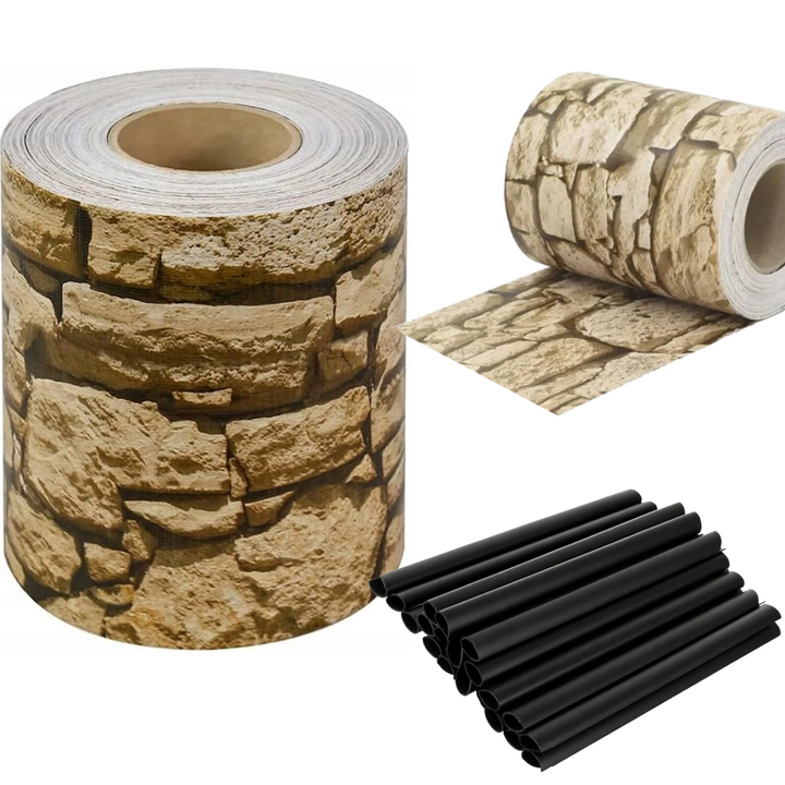 Banda decorativa gard model piatra, Zola, 20 clipsuri incluse, 19 cm x 35 m, PVC 450 g/m2, rezistenta UV, bej