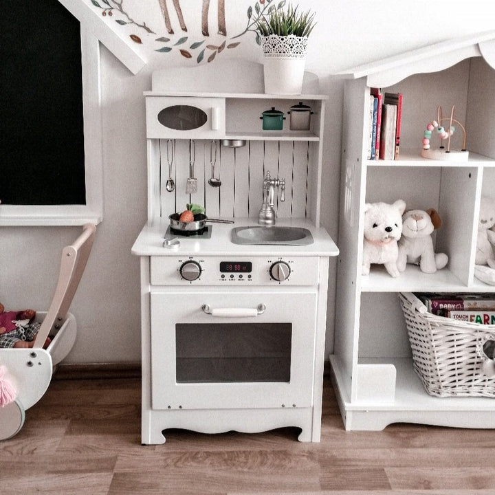 Bucatarie de jucarie din lemn, Zola®, 28.5x 43.5x93 cm, alba, accesorii incluse
