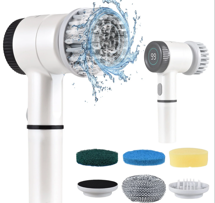 Perie electrica pentru curatare diferite suprafete, Zola®, 5 capete incluse, afisaj LCD, incarcare USB, , din plastic, rezistenta la apa, alb