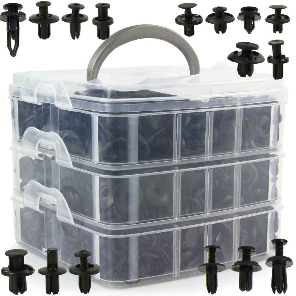Set 620 clipsuri universale auto, Zola, dimensiuni si tipuri de pini diferite, plastic, negre, cutie depozitare