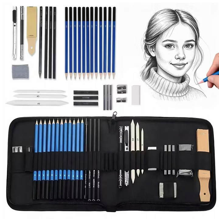 Kit profesional pentru schite in creion, Zola, 35 piese, bloc desen, creioane, carbune, radiere, ascutitori, mapa depozitare