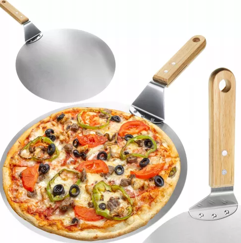 Spatula pentru pizza si aluat, Zola, din otel inoxidabil si lemn, forma rotuna, diametru 30.5 cm, argintie