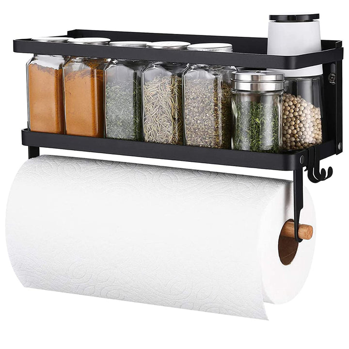 Raft metalic pentru condimente, Zola®, cu suport din lemn pebtru rola prosop, prindere magnetica, pliabil, 30 x 10.7 x 11.5 cm, negru