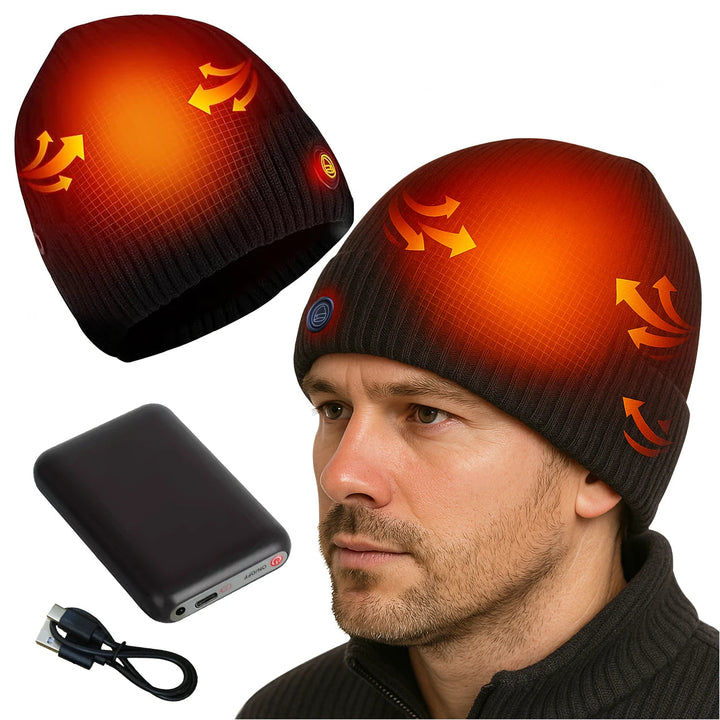 Caciula cu incalzire cu acumulator inclus, Zola, 10W, 5000 mAh, 3 niveluri incalzire, cablu incarcare, poliester, unisex, neagra