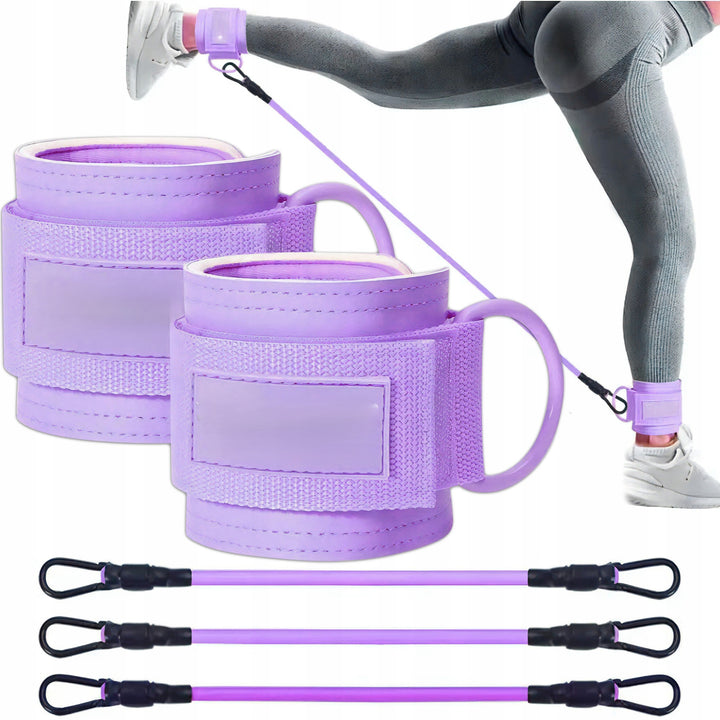 Set 2 curele de glezna pentru antrenament si 3 benzi elastice, Zola, fixare velcro, neopren captusit cu burete, inele otel, 26 x 8.5 cm, violet