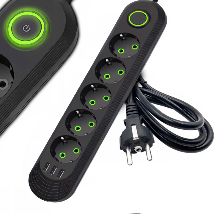 Prelungitor multifunctional cu 5 prize, Zola, 5 m, 110-250 V, 3 porturi USB, negru / verde