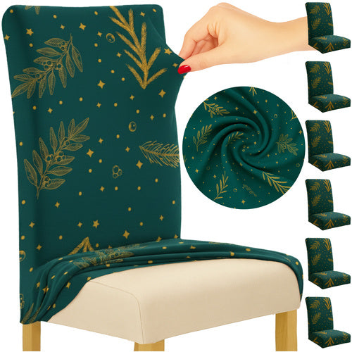 Set 6 huse pentru scaune, Zola, 50 x 40 x 40 cm, model festiv, benzi elastice, universale, verde/auriu
