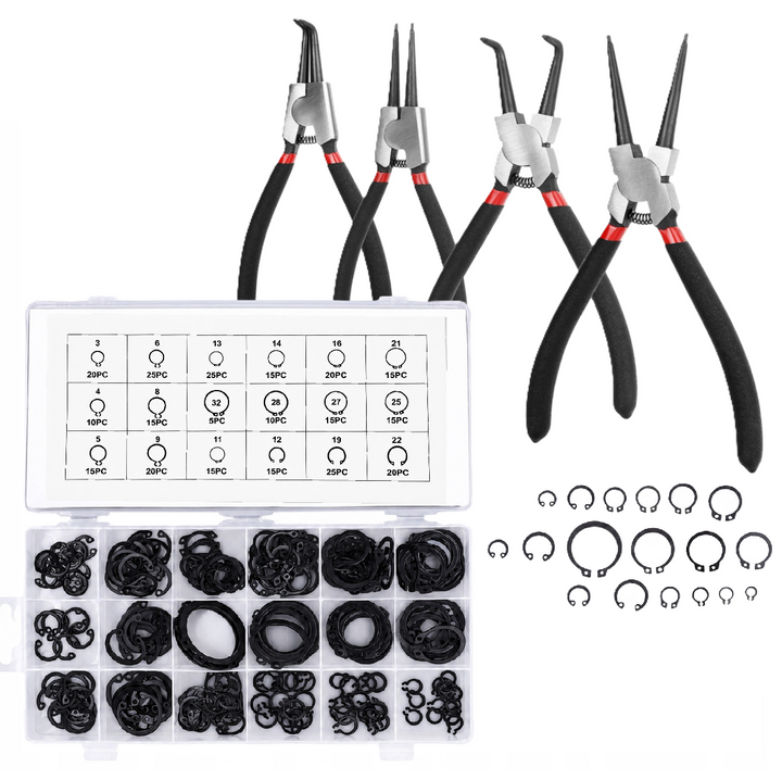 Set 4 clesti pentru inele de siguranta, Zola, 300 inele Seger 3-32 mm, manere antiderapante, organizator inclus