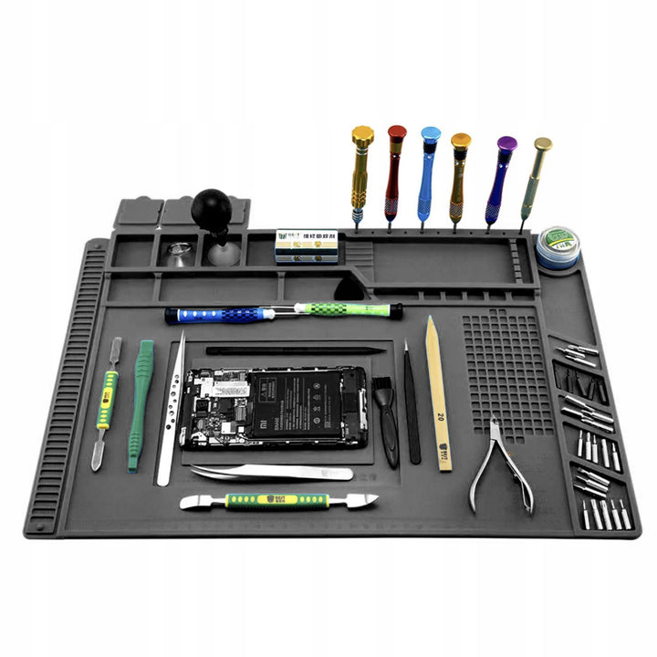 Covoras din silicon rezistent la caldura, Zola,  organizator service, 4 buzunare magnetice, marcaje si linii de masurare, loc special pentru surubelnite, gri, 30 x 45 cm