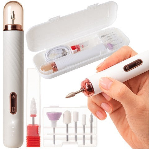 Freza de unghii portabila , Zola, 6 accesorii, 15.000 rpm, 3 niveluri de viteza, schimbare directiei de rotatie, USB-C, carcasa depozitare, alb