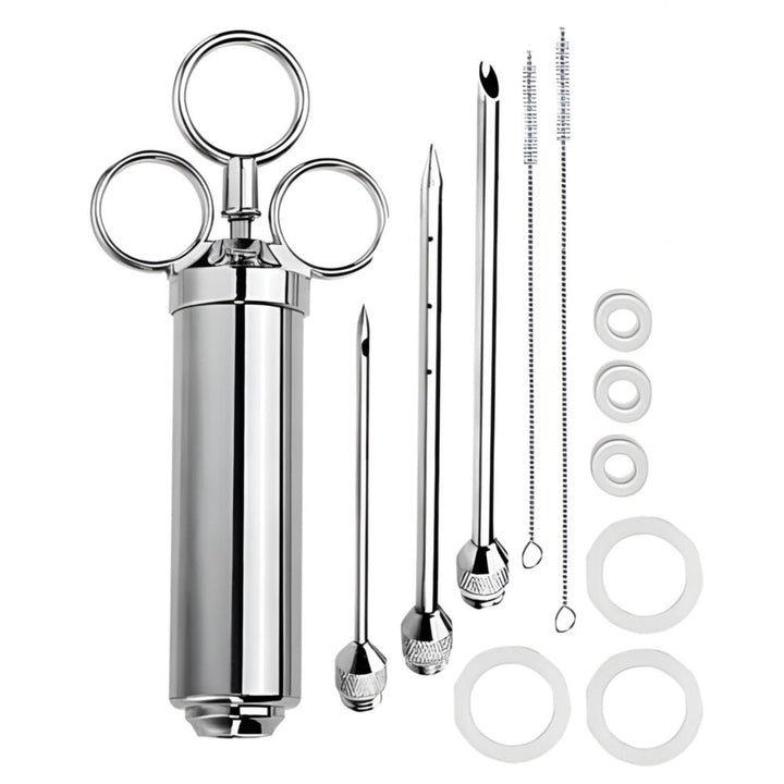 Dispozitiv de injectat sosuri pentru carne, Zola, din otel inoxidabil, capacitate de 60 ml, 3 ace inlocuibile, argintiu