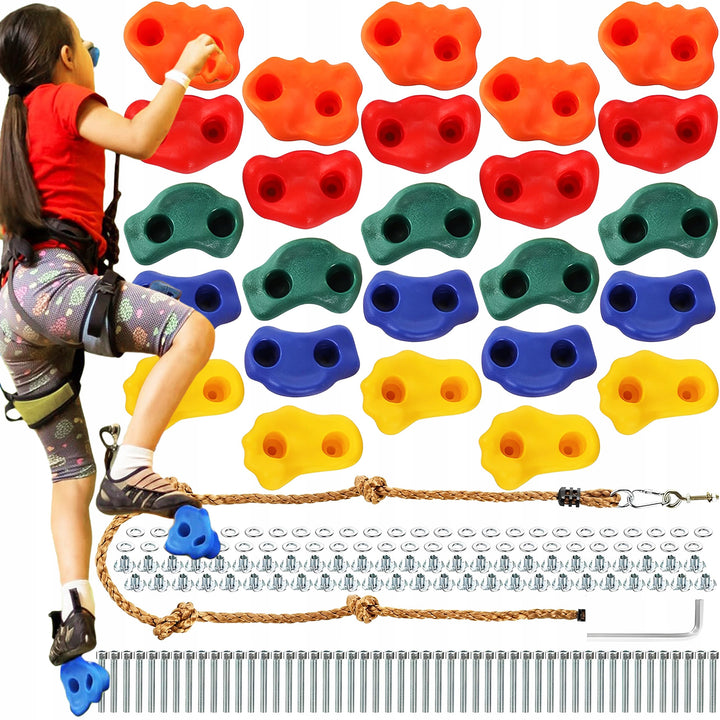 Set pietre catarare copii, Zola, 25 piese escaladare, franghie 307 cm, accesorii montare incluse, pentru perete alpinism, multicolor